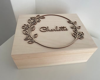Box with floral frame and name, Wooden keepsake with name, personalised memory box, baby shower gift, Baptism gift for boy, girl nursery