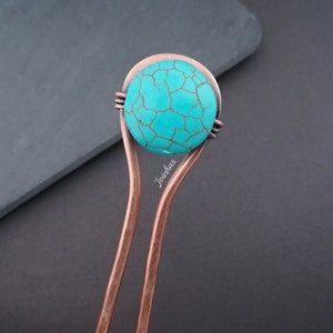 Turquoise hair fork, copper or brass hair pin, bun holder, minimalist hair accessories, perfect gift for long hair, personalized size fork