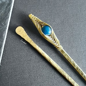 Blue agate hair sticks, set of 2 solid brass or copper hair pins, hair accessories, hammered hair jewelry, perfect gift for girlfriend