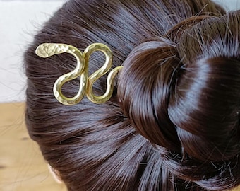 Serpent Hair Stick, Hammered Copper or Brass Snake Hair Pin