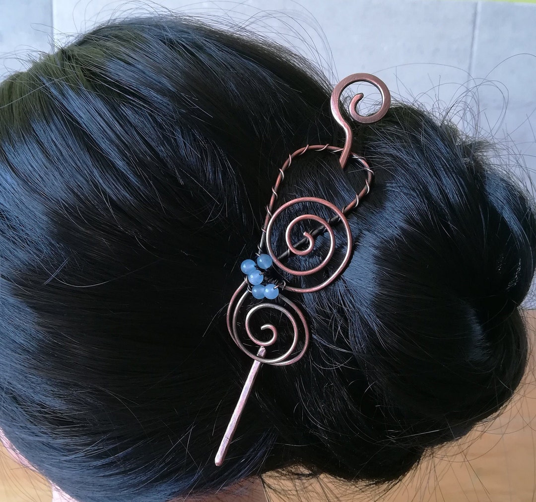 Spiral Hair Slide With Stick, Copper or Brass Bun Holder, Metal Hair