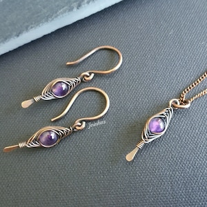 Amethyst earrings and pendant set, copper necklace, february birthstone, elegant jewelry gift for women, purple bundle, lightweight earrings