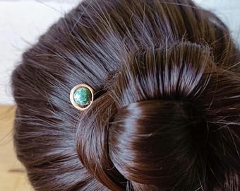 Handmade Hair Stick in Copper or Brass with Green Spot Jasper Accent, Minimalist Bun Holder