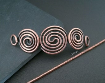 Spiral hair slide, copper or brass bun holder, hair barrette, perfect gift for long hair, hair jewelry for thick hair, rustic hair accessory