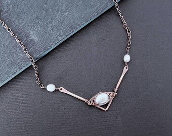 Pearl Necklace, Handmade Copper Chain Necklace, Unique Jewelry Gift for Women