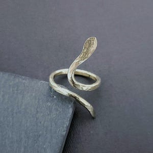 Puede incluir: Anillo de serpiente plateado con acabado texturizado. La cabeza de la serpiente está levantada y el cuerpo se enrolla alrededor del dedo. El anillo se muestra sobre un fondo gris oscuro, resaltando los detalles.