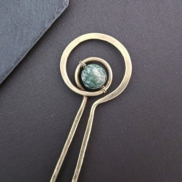 Green spot jasper hair fork, copper or brass bun holder, minimalist hair accessory, perfect gift for long hair women, personalized size fork