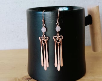 Rose quartz fringe earrings, copper or brass dangles, elegant jewelry gift for women