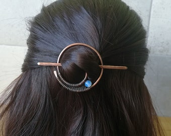 Opalite hair slide, xsmall copper or brass bun holder, thin hair barrette, hair accessory, gift for long hair, hair jewelry, metal hair clip