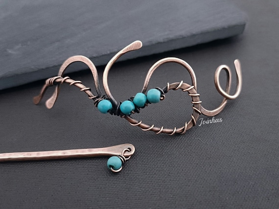 Small hair slide with turquoise, copper or brass bun holder, hair barrette, perfect gift for long hair, thin hair jewelry, metal hair comb