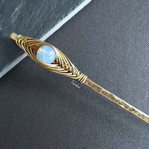 Opalite hair stick, brass or copper hair pin, hair accessories, hammered hair jewelry, perfect gift for girlfriend, simple bun holder