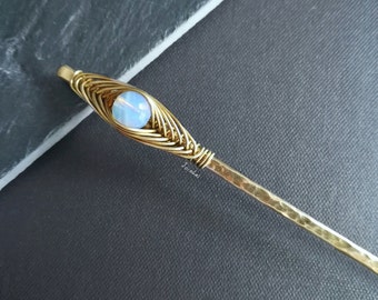 Opalite hair stick, brass or copper hair pin, hair accessories, hammered hair jewelry, perfect gift for girlfriend, simple bun holder