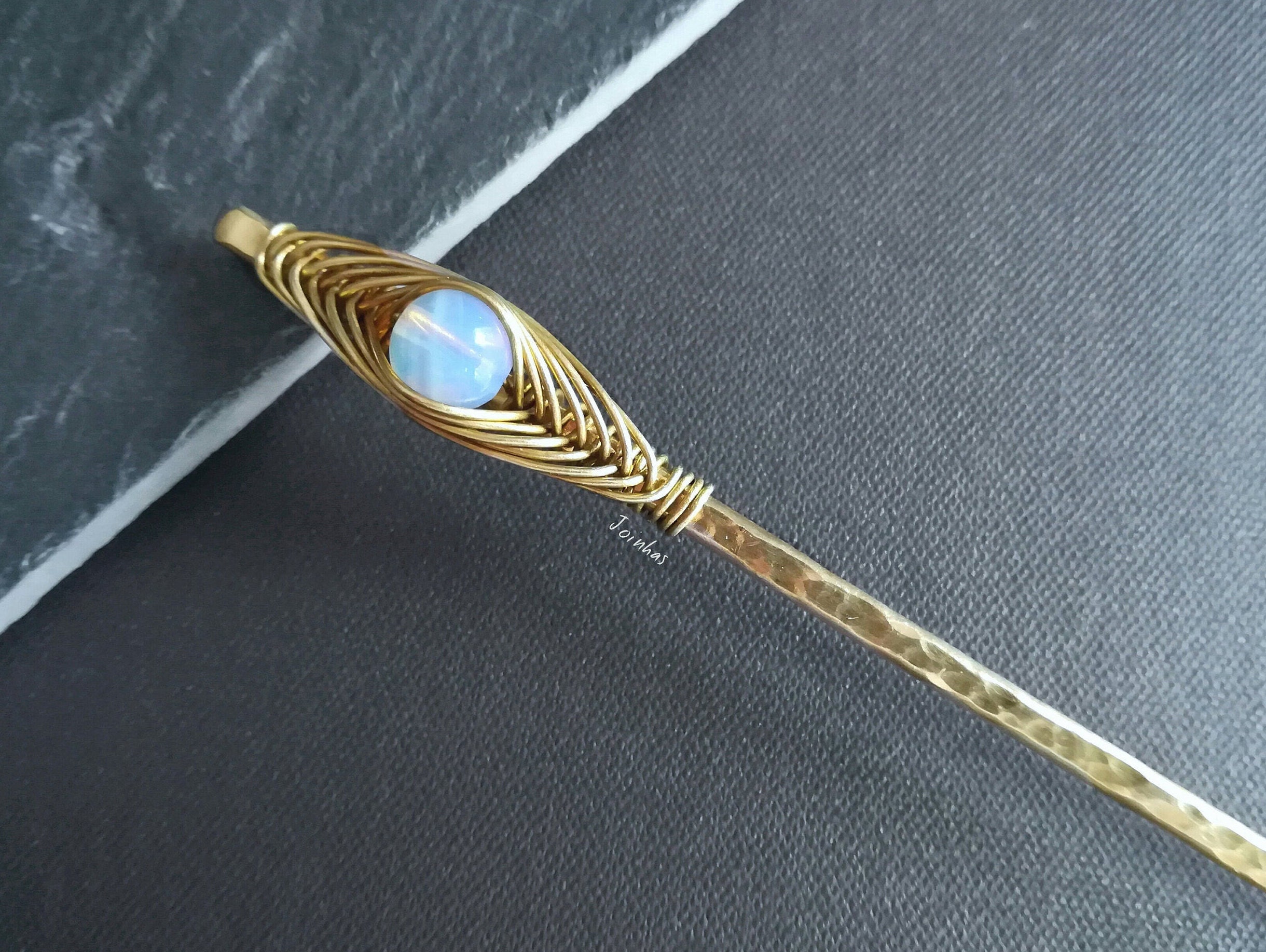 Opalite hair stick, brass or copper hair pin, hair accessories, hamme…