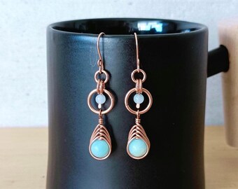 Amazonite Dangle Earrings, Handmade Copper or Brass Earrings, Jewelry Gift for Her