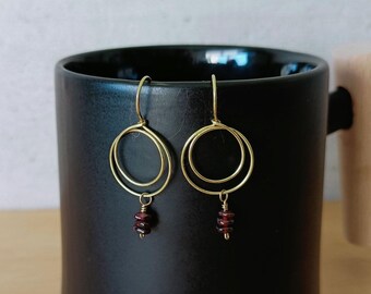 Copper or Brass Hoop Earrings with Garnet, Elegant Handmade Lightweight Threaders