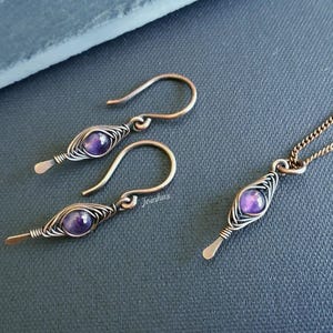 Amethyst earrings and pendant set, copper necklace, february birthstone, elegant jewelry gift for women, purple bundle, lightweight earrings image 1