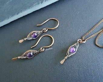 Amethyst earrings and pendant set, copper necklace, february birthstone, elegant jewelry gift for women, purple bundle, lightweight earrings