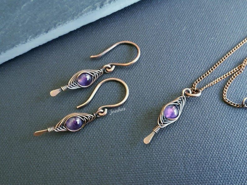 Amethyst earrings and pendant set, copper necklace, february birthstone, elegant jewelry gift for women, purple bundle, lightweight earrings image 1