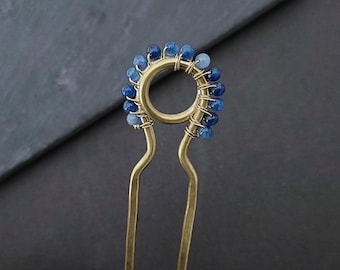 Blue stone hair fork, copper or brass hair pin, perfect gift for long hair women, hair jewelry