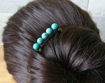 Turquoise hair fork, copper or brass hair pin, hair accessories, minimalist hair comb, perfect gift for long hair women, simple bun holder