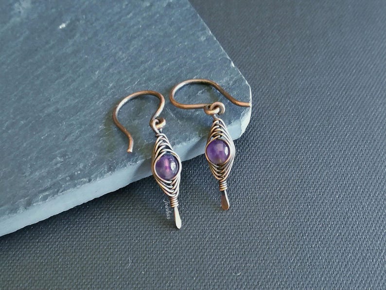 Amethyst earrings and pendant set, copper necklace, february birthstone, elegant jewelry gift for women, purple bundle, lightweight earrings image 2