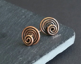 Spiral stud earrings, 0.4" copper or brass post earrings, elegant jewelry gift for modern women, rustic, bohemian earrings, nature inspired