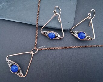 Agate earrings and pendant set, geometric necklace, copper triangular earrings, elegant jewelry gift for women, blue bundle