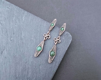 Green Aventurine Stud Dangle Earrings Wire Wrapped in Copper or Brass, Handmade Gift for Her
