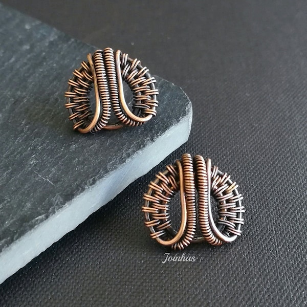 Copper stud earrings, 0.6" wire wrapped earings, elegant jewelry gift for modern women, small post earrings, handmade jewelry
