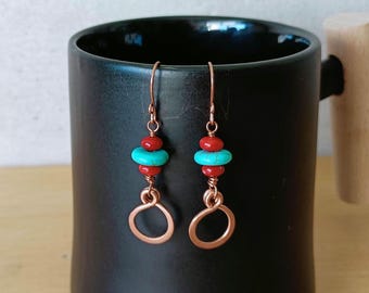 Coral and Turquoise Earrings in Copper or Brass Finish, jewelry gift for modern women