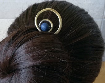 Horquilla para el pelo lapislázuli, soporte para moño de cobre o latón, accesorio para el cabello minimalista, regalo perfecto para mujeres de pelo largo, tenedor de tamaño personalizado