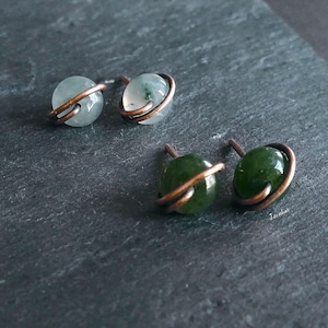 Indian Agate Stud Earrings, Small Copper or Brass Wire Wrapped Gemstone
