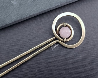 Rose Quartz Hair Fork, Copper or Brass Bun Holder, Hammered Hair Accessory