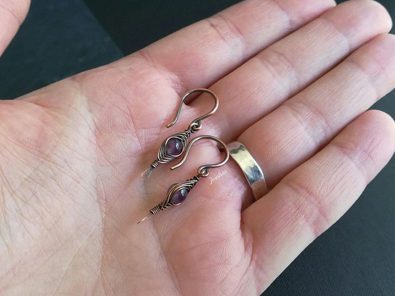 Amethyst earrings and pendant set, copper necklace, february birthstone, elegant jewelry gift for women, purple bundle, lightweight earrings image 4