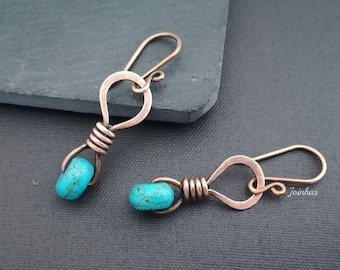Handmade Turquoise Earrings, Copper or Brass Rustic Dangle Drops
