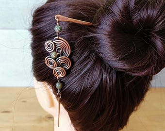 Autumn jasper hair stick with copper spirals, Japanese style hair accessory, unique hair jewelry, perfect gift for her