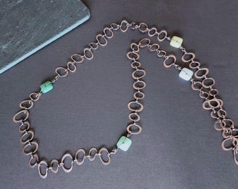 Oxidized Copper Necklace with Hammered Links and Colorful Square Beads