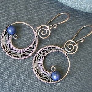 Lapis lazuli earrings, 2" copper wire wrapped earrings, blue hoop earrings, long earrings for women, perfect jewelry gift, gemstone dangles