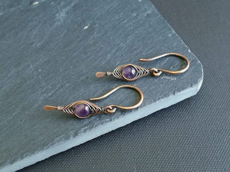 Amethyst earrings and pendant set, copper necklace, february birthstone, elegant jewelry gift for women, purple bundle, lightweight earrings image 9