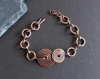 Copper double spiral link bracelet, adjustable handmade chain bracelet, unique jewelry gift for women, 7th anniversary handcrafted present