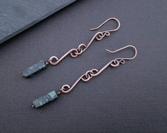 Copper and jasper long earrings, 3" elegant drop earrings, unique jewelry gift for women, rustic everyday earrings