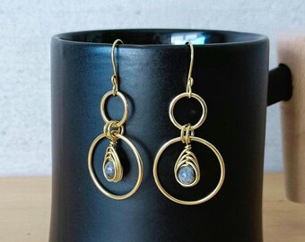 Handmade Larvikite Earrings, Copper or Brass Gemstone Dangle Hoops