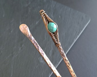 Turquoise hair sticks, set of 2 solid copper or brass hair pins, hair accessories, hammered hair jewelry, perfect gift for women, hair comb