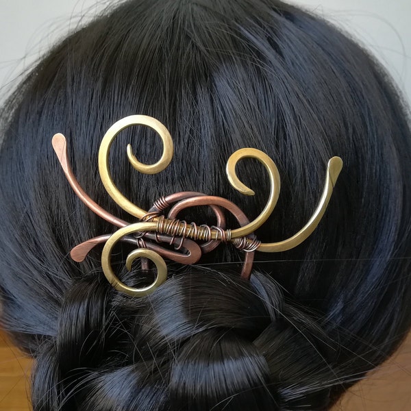 Mixed metal hair fork, copper and brass hair comb, hair accessories, perfect gift for long hair women, bun holder, personalized size fork