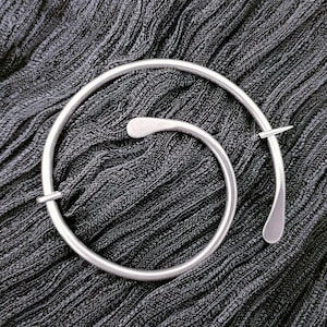 Silver penannular brooch, 2.4&quot; spiral shawl pin, minimalist celtic scarf pin, unique handmade gift for women, sweater pin, fall jewelry
