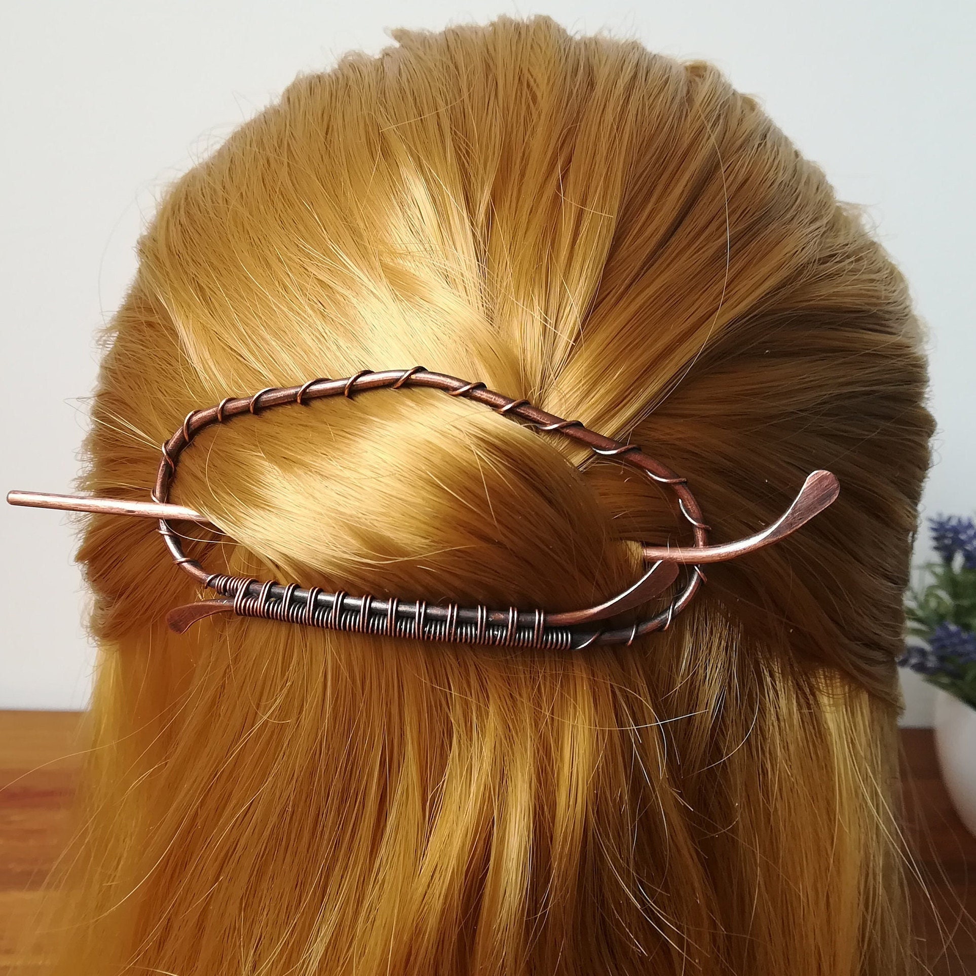 Mid Century Brass Hair Slide Barrette with Stick Bun Holder Hand Tooled Sunflower Leather Hair Slide Barrette main image 4