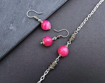 Handcrafted Sterling Silver Pink Agate Jewelry Set: Brass Accent Earrings & Bracelet