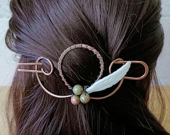 Hair Barrette with Unakite and Mother of Pearl Feather, Copper or Brass Handmade Bun Holder