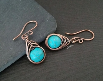 Handmade Turquoise Drop Earrings, Copper or Brass Dangles