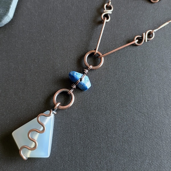 Elegant copper Y necklace with lapis lazuli and agate accents, unique statement long necklace, perfect jewelry gift for women